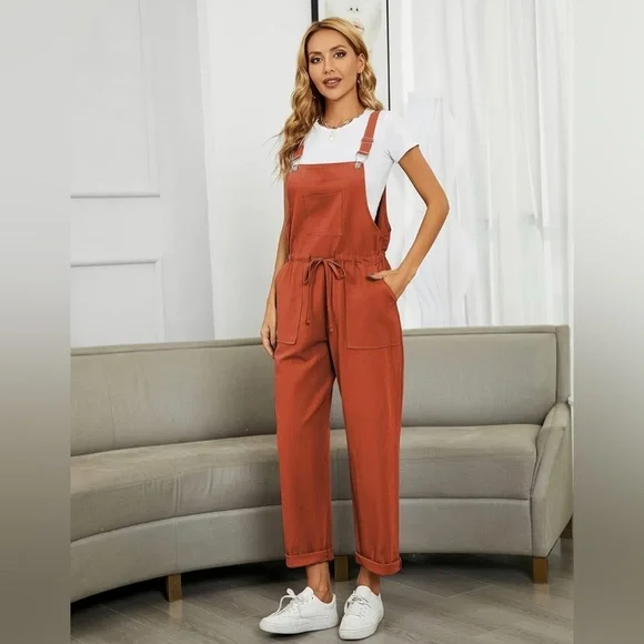 Womens Bib Overalls Adjustable Strap Drawstring Cotton Linen Jumpsuits - Picture 1 of 7